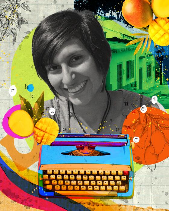 Paola Santos surrounged by images of mangos and a typewriter 