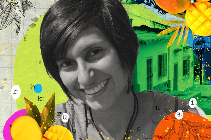 Paola Santos surrounged by images of mangos and a typewriter 