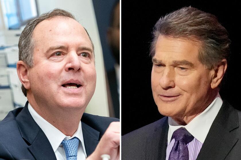 LEFT: Rep Adam Schiff, D-Calif., questions Special Counsel Robert Hur while sitting in front of a photo depicting classified documents recovered from former President Donald Trump's residence at Mar-A-Lago in during a hearing of the House Judiciary Committee in the Rayburn Office Building on Capitol Hill in Washington, Tuesday, March 12, 2024. RIGHT: FILE - Former baseball player Steve Garvey speaks during a televised debate for candidates in the senate race on Jan. 22, 2024, in Los Angeles. Several prominent Democratic House members are jostling to fend off Republican former baseball great Steve Garvey in the fight for the U.S. Senate seat once held by the late Sen. Dianne Feinstein. (AP Photo/Damian Dovarganes, File)