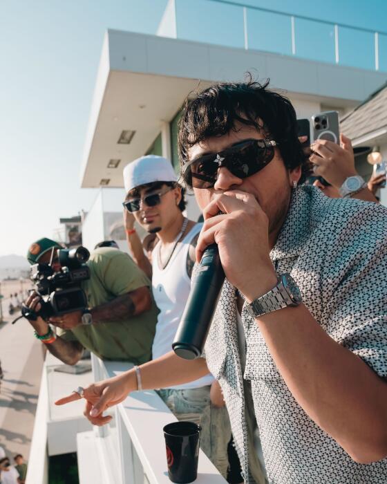 Fuerza Regida frontman Jesús Ortiz Paz performs during a listening party in Santa Monica on July 25, 2024