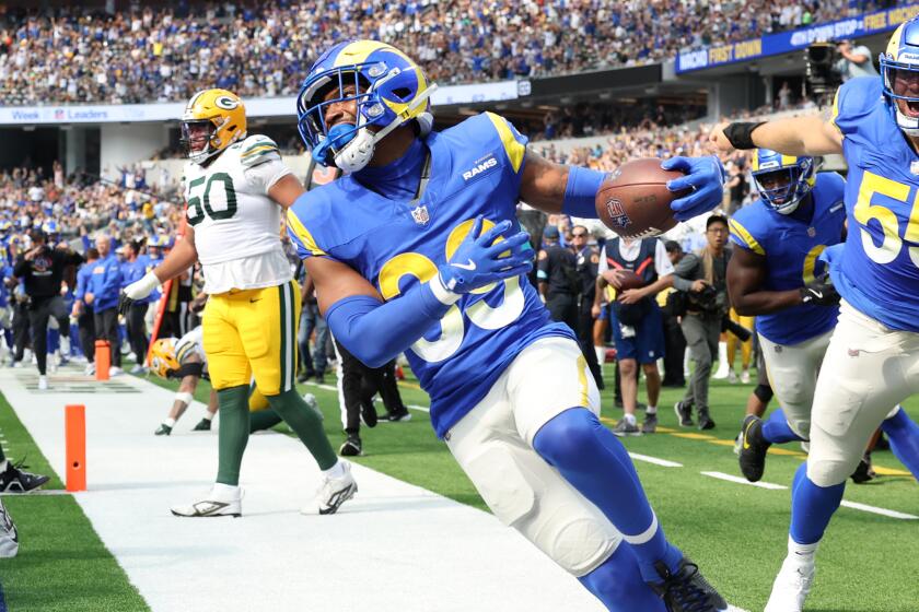 Inglewood, California October 6, 2024-Rams safety Jaylen McCollough intercepts the ball.