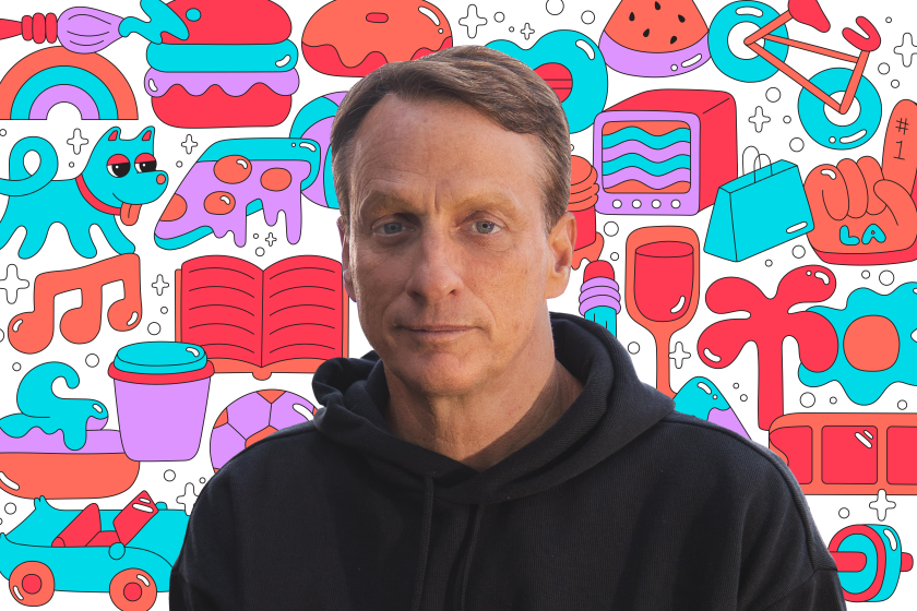 Photo of Tony Hawk on a background of colorful icons including a TV, dog, book, bike, pizza and more