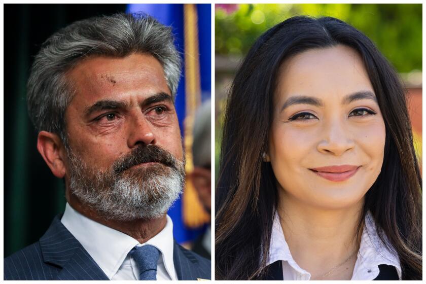 CaliforniaOs Assembly District 52 race: Northeastern Los Angeles County candidates Franky Carillo , left, and Jessica Caloza. (Jay L. Clendenin / Los Angeles Times, Jessica Caloza for Assembly 2024)