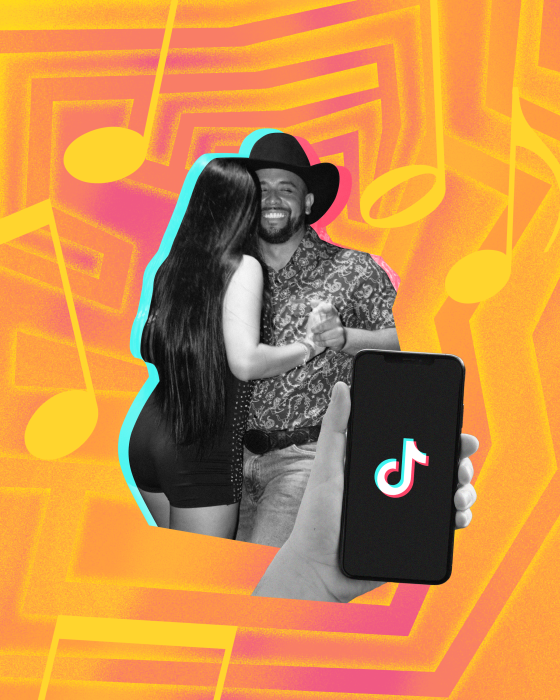 Collage of couple dancing and hand holding phone with TikTok logo