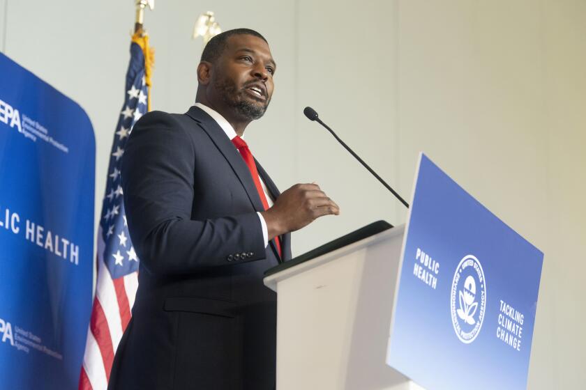 Environmental Protection Agency Administrator Michael Regan announces final standards to reduce pollution from power plants during an event at Howard University on Thursday, April 25, 2024, in Washington. (AP Photo/Kevin Wolf)